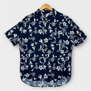 Faherty Hawaiian Button Up Short Sleeve Shirt Mens XL Blue Floral Surfing Print